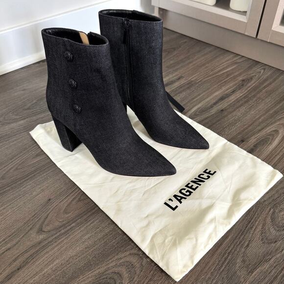 L'Agence Theodora Black Denim Block Heel Ankle Booties 8.5 NEW Button Boots - Picture 1 of 9